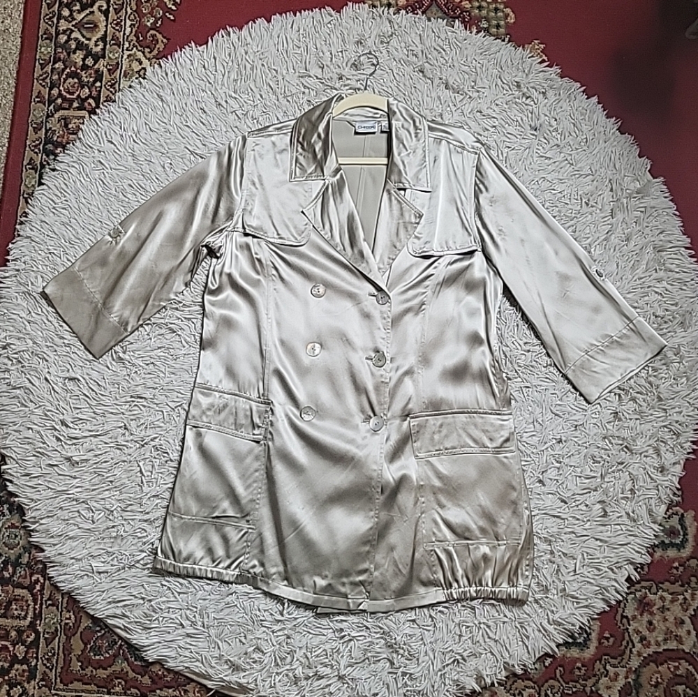 Vintage Y2K Chico's Silk Trench Coat Tan Gold 3/4 Sleeve Lightweight Shiny Silky